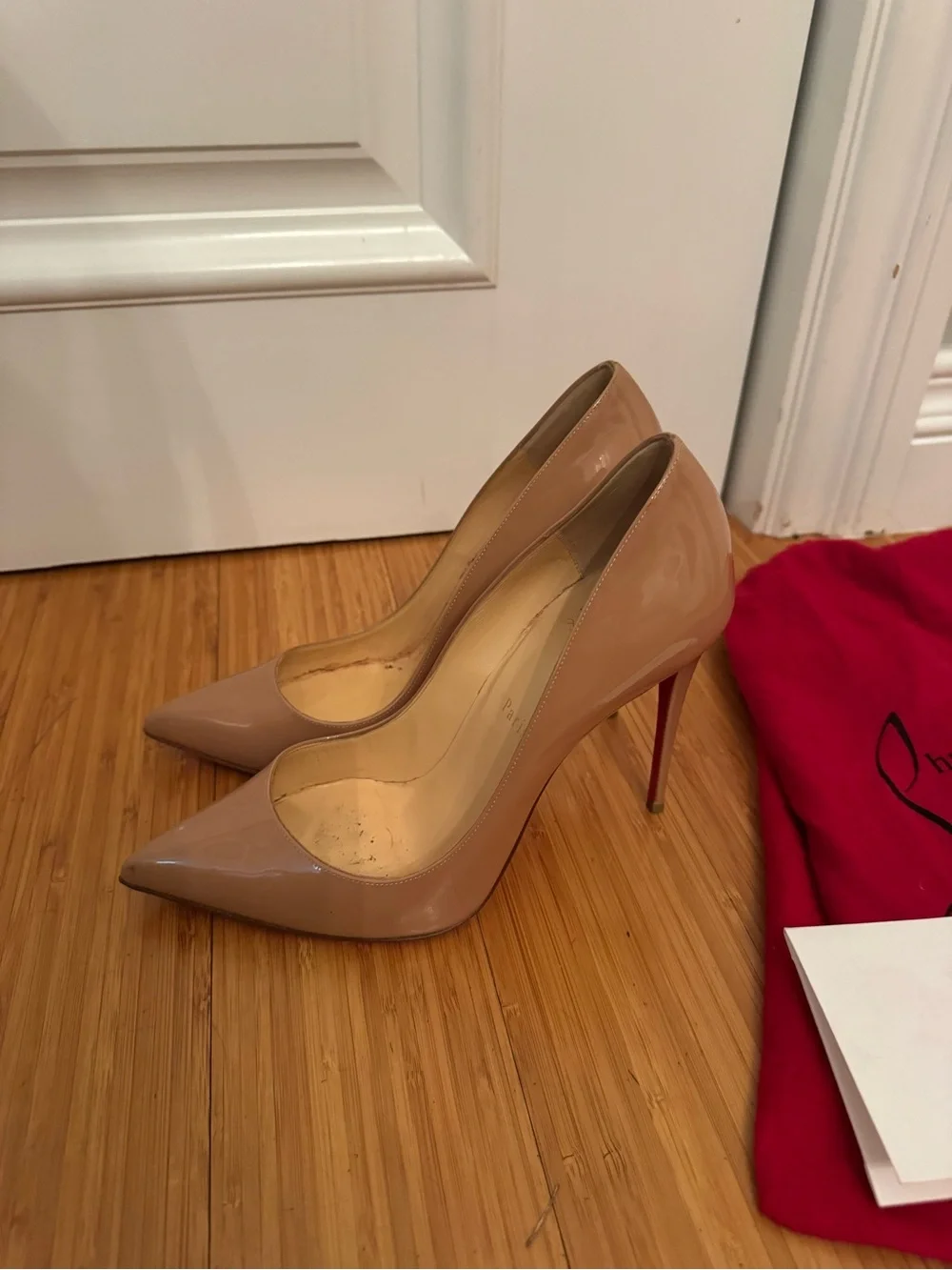 Christian Louboutin Blush Patent Pointed-Toe Stiletto with Red Sole